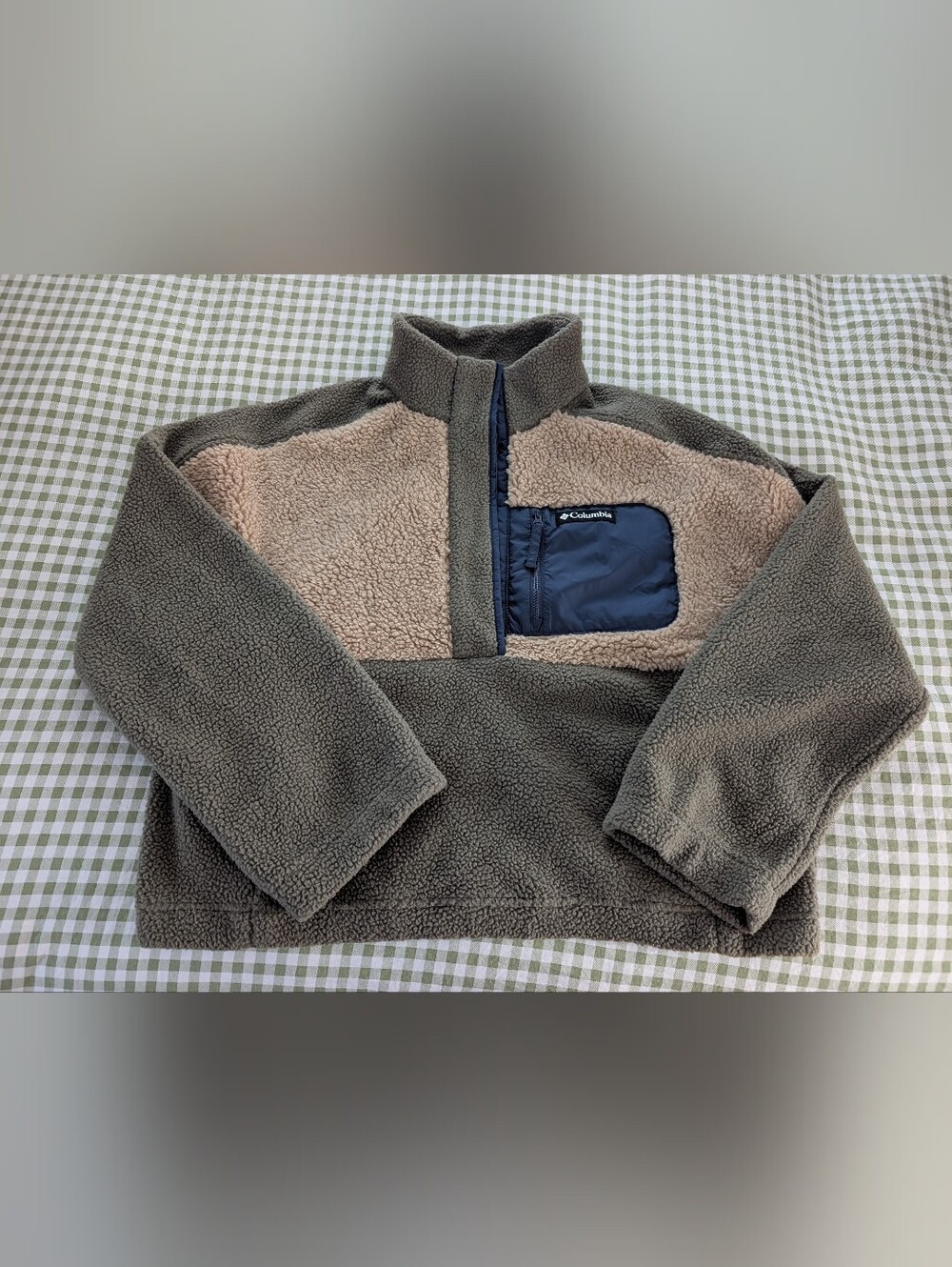 Columbia Sherpa Pullover Jacket - Olive & Tan with Navy Pocket-XL